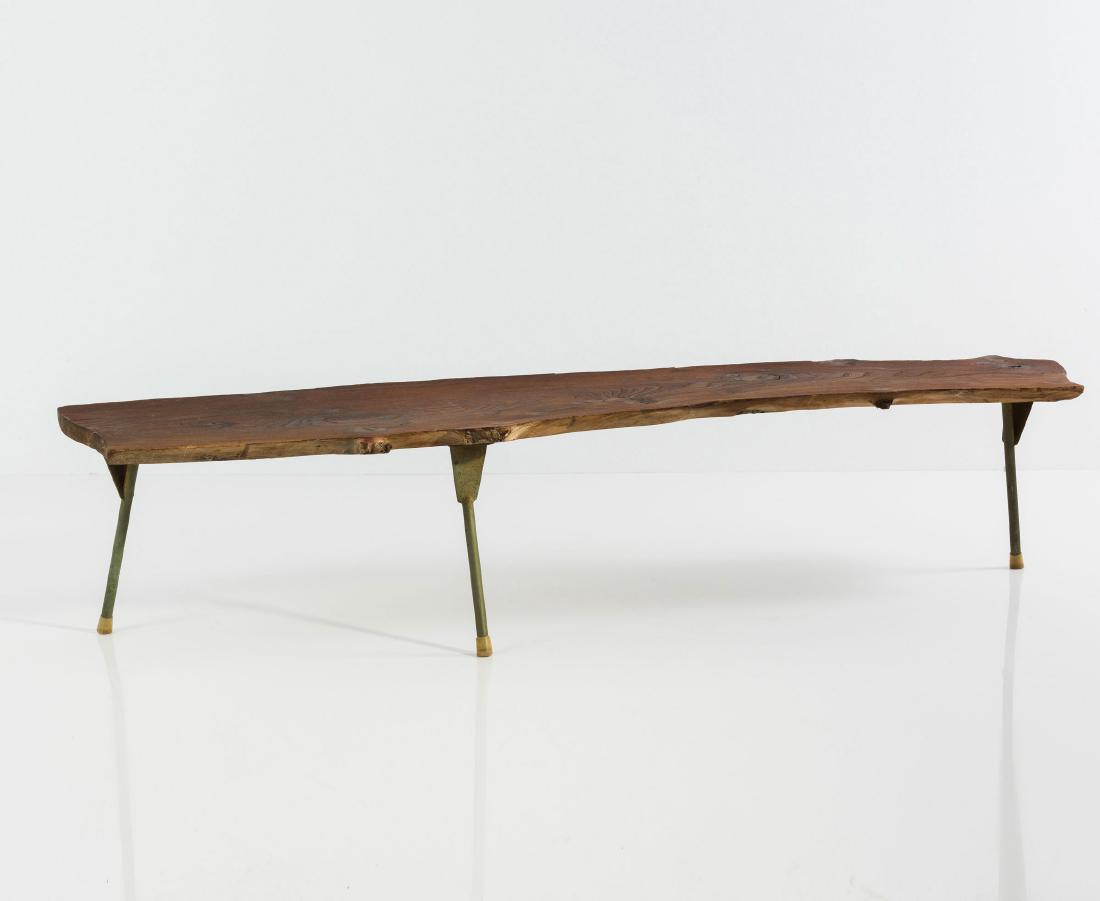 Unicum coffee table, c1950: Egon Eiermann, H. 32 x 143 x 37 cm. Fruit wood with wane, chrome-plated tubular steel.