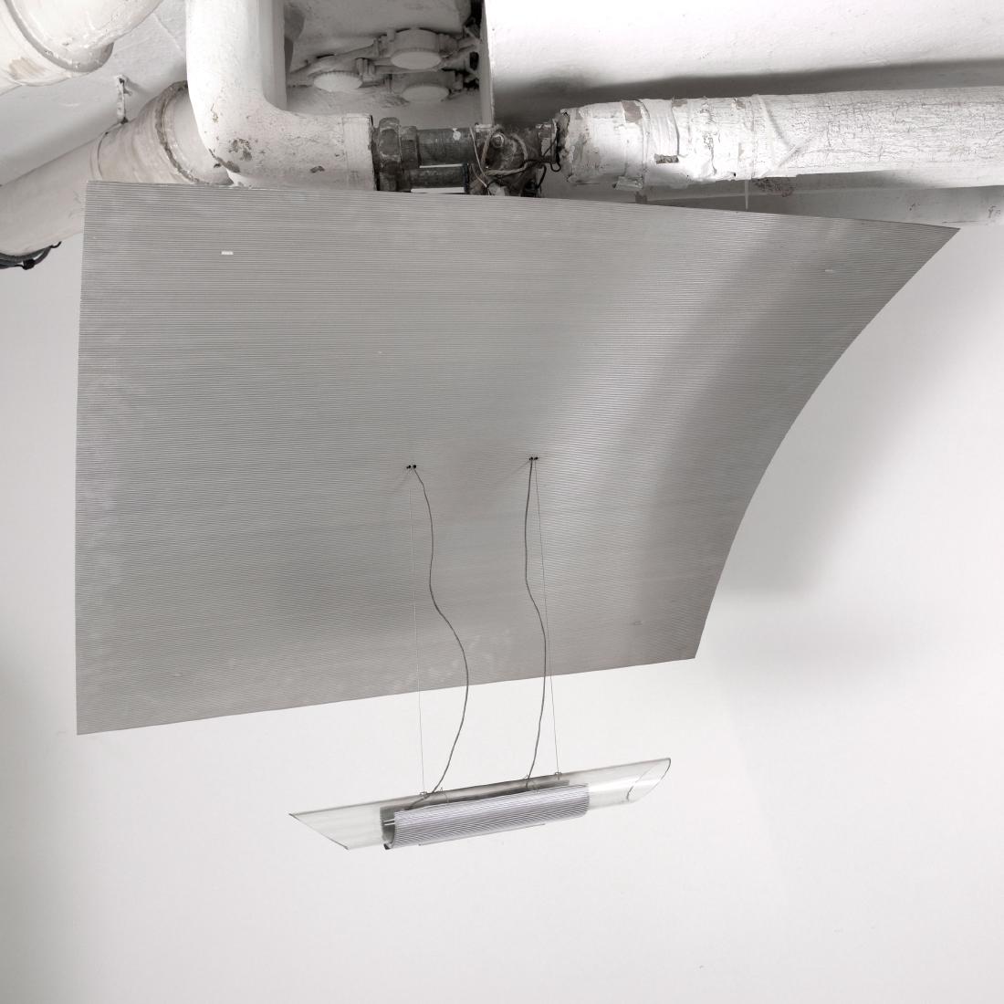 'Scooper' ceiling light, 1991: Ingo Maurer & Team, 110 x 100 cm. Made by Design M Ingo Maurer, Munich. Aluminium sheet, glass, metal.