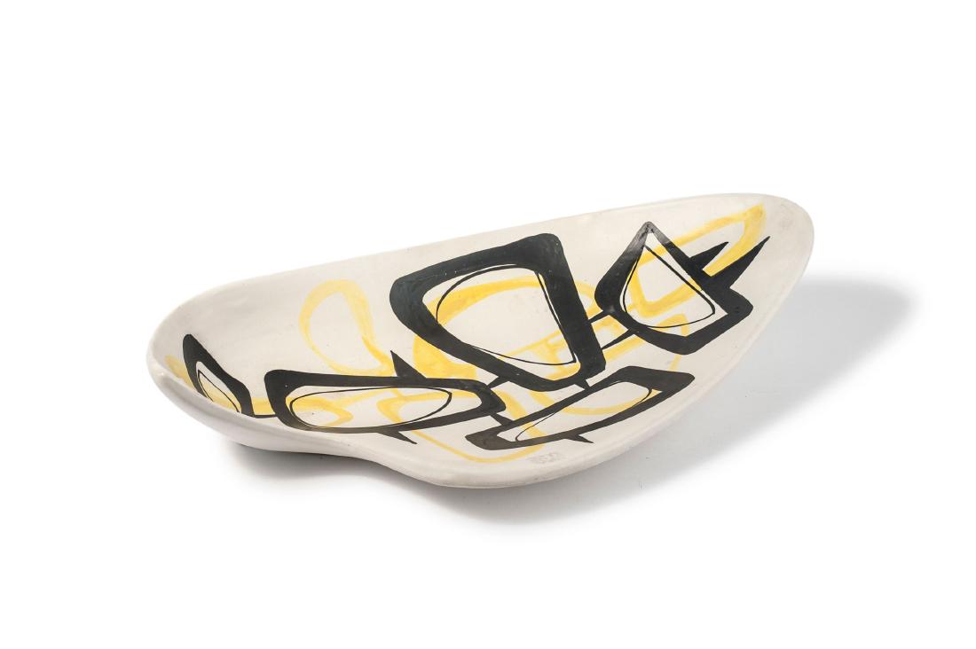 Bowl, c1950: Roger Capron, 26.8 x 47.3 cm. Earthenware, glazed yellow and black on crÌ¬me-white. Marked: CAPRON VALLAURIS.