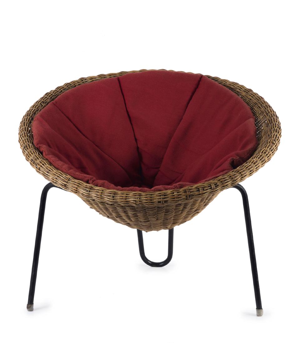 Wickerchair, 1950s: Roberto Mango (attributed), H. 67.5 x 82.5 x 78 cm. Tubular metal, painted black, canework, red fabric.