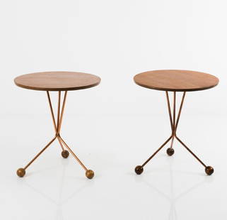 Two 'Tables in a jar', c1955: Albert Larsson, H. 40.5-44 cm, D. 38-39.5 cm. Made by Alberts, Tibro. Ply, teak veneer, tubular copper, beech balls. Marked: Residue of a maker's stamp.