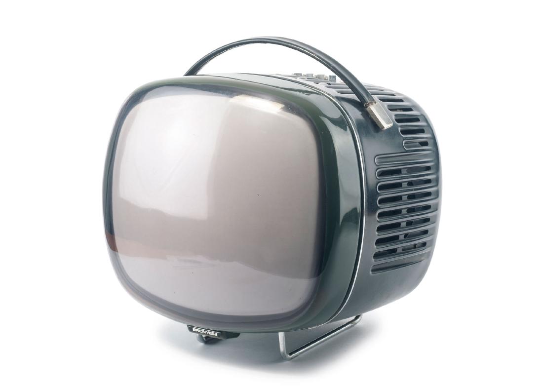 'Doney 14"' TV-set, 1962: Richard Sapper; Marco Zanuso , H. 40 x 36 x 28 cm. Made by Brionvega, Milan. Metal, chrome-plated, brown plastic, Plexiglas, part moss green. Marked: BRIONVEGA. RADIO TELEVISIONE S.A.S. MILANO, doney