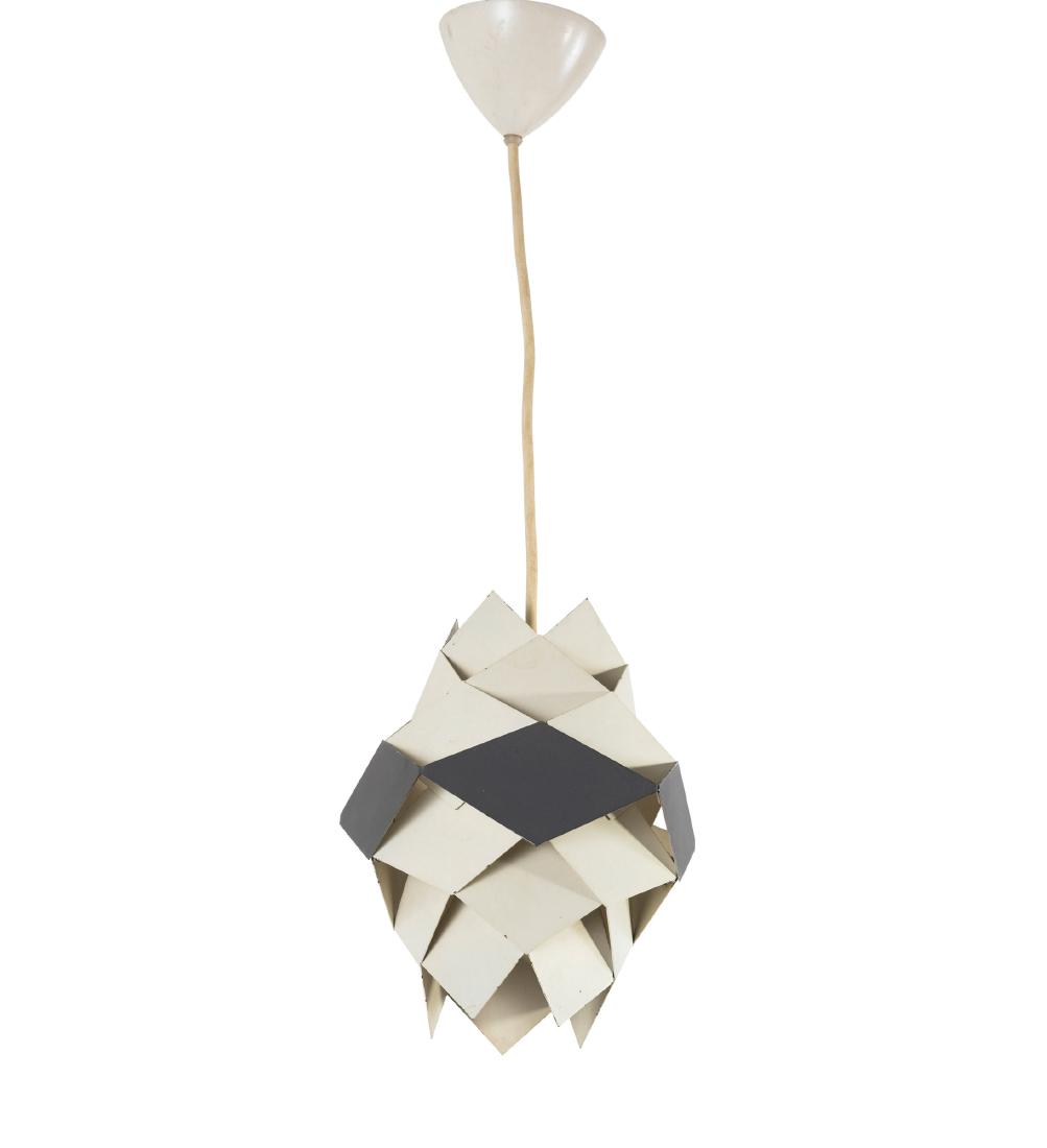 'Simfoni' ceiling light, c1963: Preben Dal, H. 24 cm, D. 20 cm. Made by H. FÌülsgaard Elektro A.-S., Copenhagen. Sheet metal, painted dark grey and white.