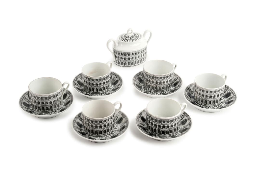 Six 'Architettura' cups and saucers, sugar bowl, 1990s (1 of 3)