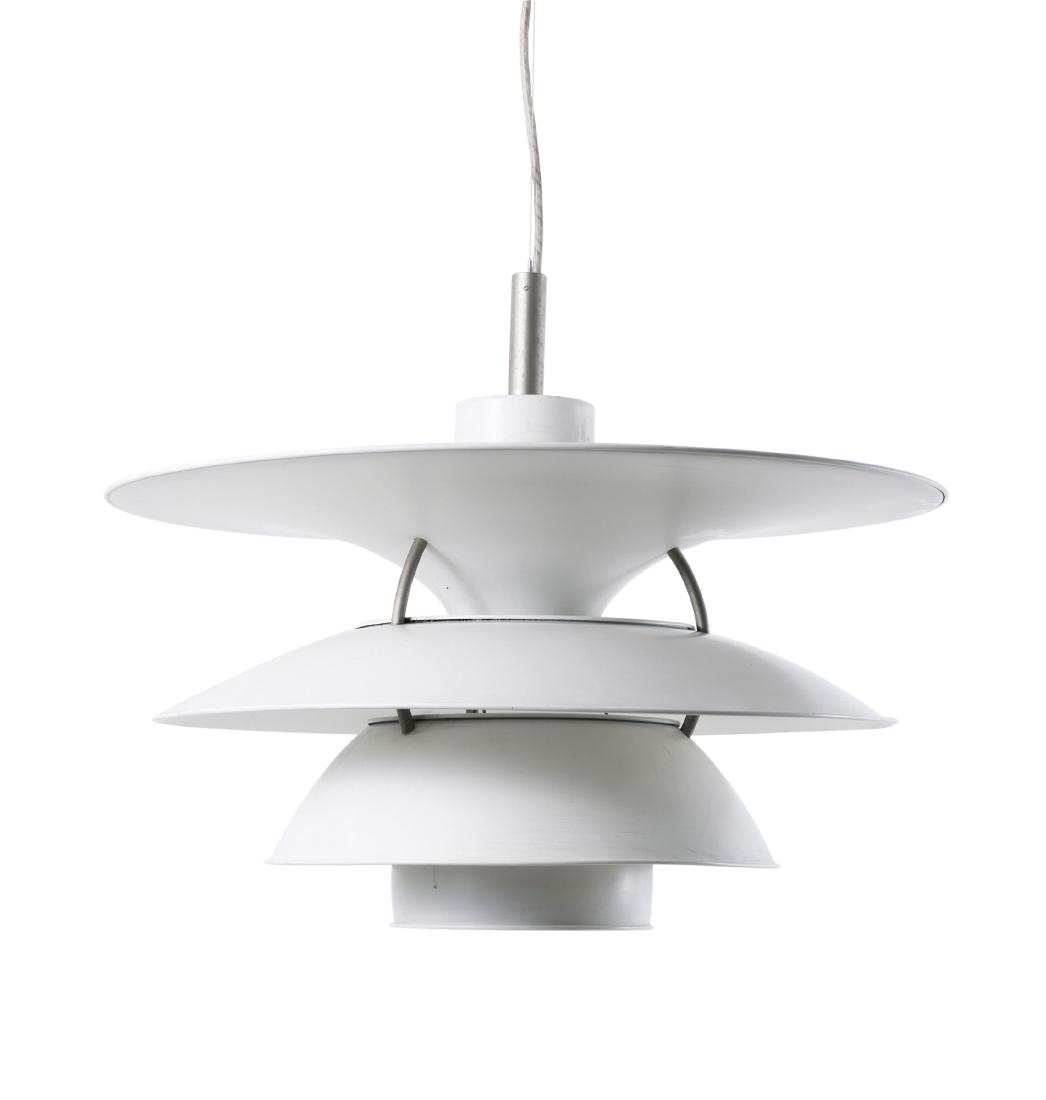 'Charlottenborg' ceiling light, 1980: Poul Hennigsen; Ebbe Christensen; Sophus Frandsen , H. 40 cm, D. 58 cm. Made by Louis Poulsen, Copenhagen. Sheet aluminium, painted white. Marked: Maker's label.