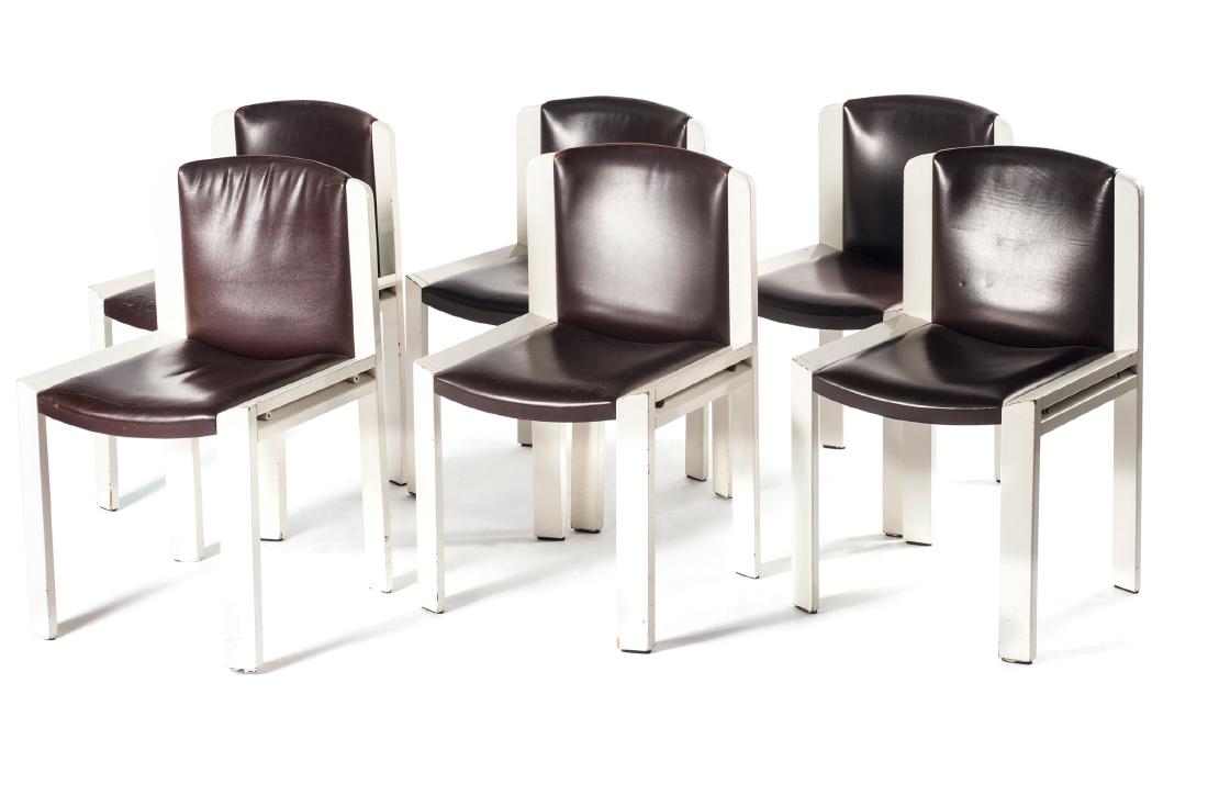 Six '300' chairs, 1966: Joe Colombo, H. 78.5 x 48.5 x 50.5 cm. Made by Mariano Pozzi, Comense. Wood, painted white, brown leatherette. Marked: POZZI.