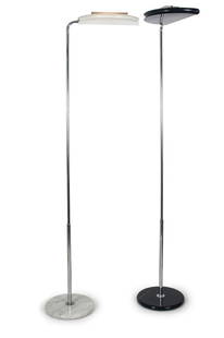 Two 'Mezzaluna' floor lamps, 1975: Bruno Gecchelin, H. 180 cm. Made by Skipper, Milan. White and black marble, chrome-plated tubular metal, sheet metal, white and black.