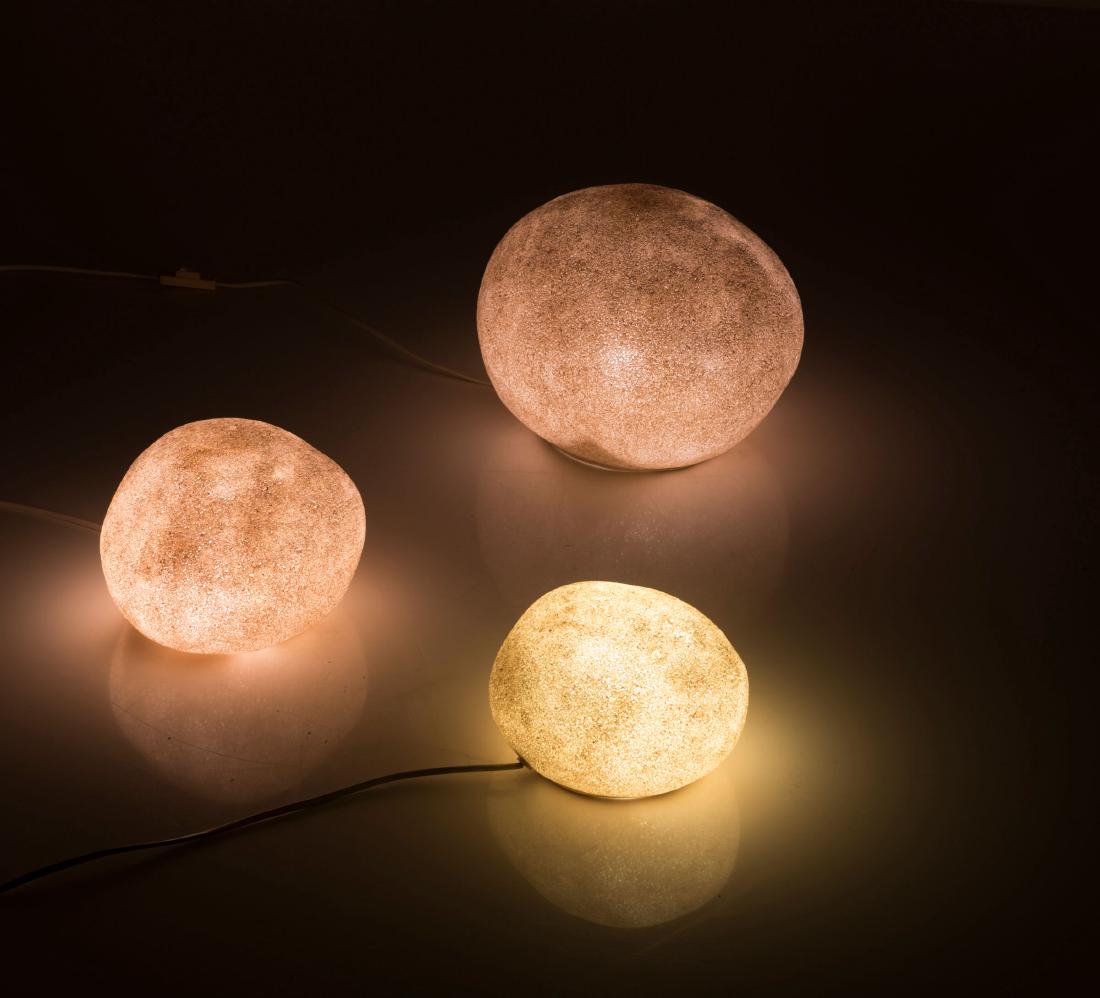 Three 'Dorra' floor lamps, 1969: Andre Cazenave, H. 13-22 cm. Made by Atelier A, Paris. Polyester, reinforced with Fiberglas, marble dust.