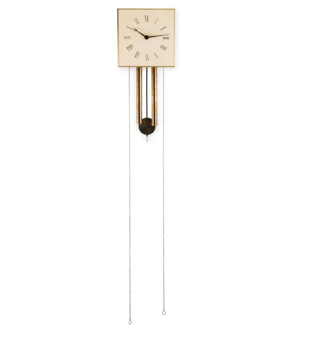 Clock, 1912: Heinrich Tessenow, H. 24.5 x 24.5 x 10 cm. Made by Deutsche Werkstaetten, Munich, presumably in the 1950s. Wood, vanilla-yellow dial face with black roman numerals. Brass frame. Pendulum and weights o