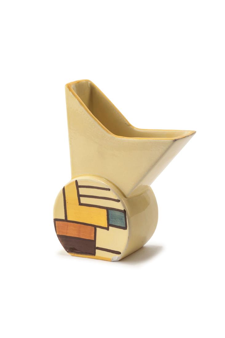 Vase, c1928: Eva Zeisel-Stricker, H. 14.7 cm. Made by Majolikafabrik Schramberg. Majolica, polychromatic glaze. Marked: MAJOLIKA SMF SCHRAMBERG, Handgemalt, model numbers.