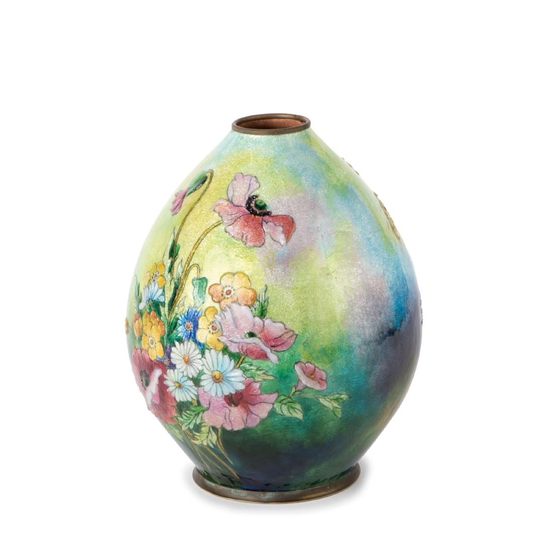 Vase, c1922: Camille Fauré, Limoges, H. 24 cm. Sheet copper, applied precious metal foil, polychromatic enamel. Flowers. Signed: FAURÉ Limoges France No. 1/8 (gold), paper label, inscribed: V. Marcel, Fleurs des