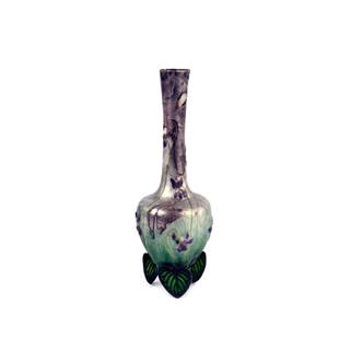 'Violettes' vase, c1903: Eugène Feuillâtre, Paris, H. 19.2 cm. Silver, enamelled violets pattern. Plique-à-jour feet (violet buds). Signed: FEUILLÂTRE.