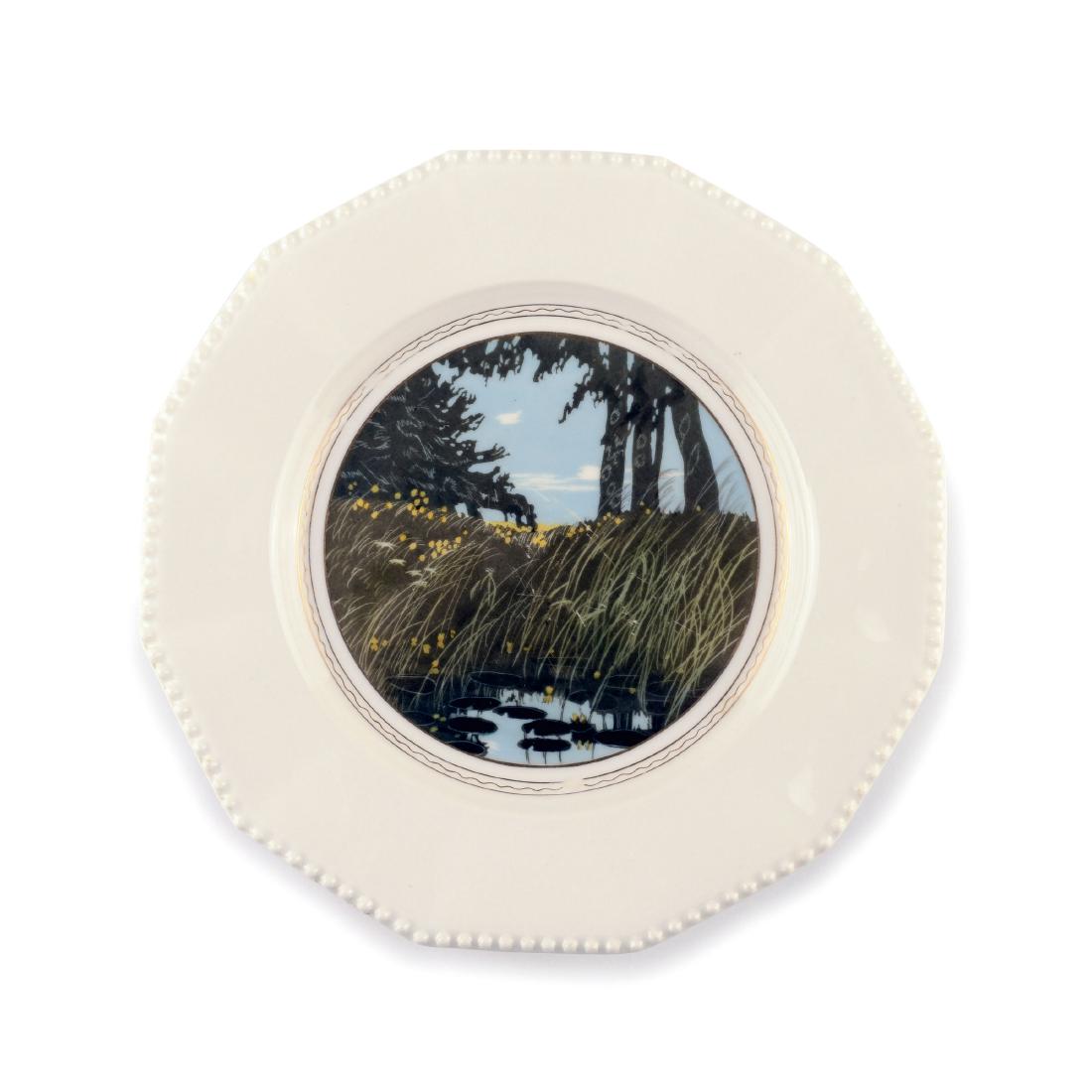 'At the Pond' plate, c1906: KPM Nymphenburg, D. 24.8 cm. Décor after Rudolf Sieck. Porcelain, white, glazed, polychromatic overglaze. Marked: Maker's mark, lozenge, RUD. SIECK WEIHER, 16, Gesetzlich geschützt.