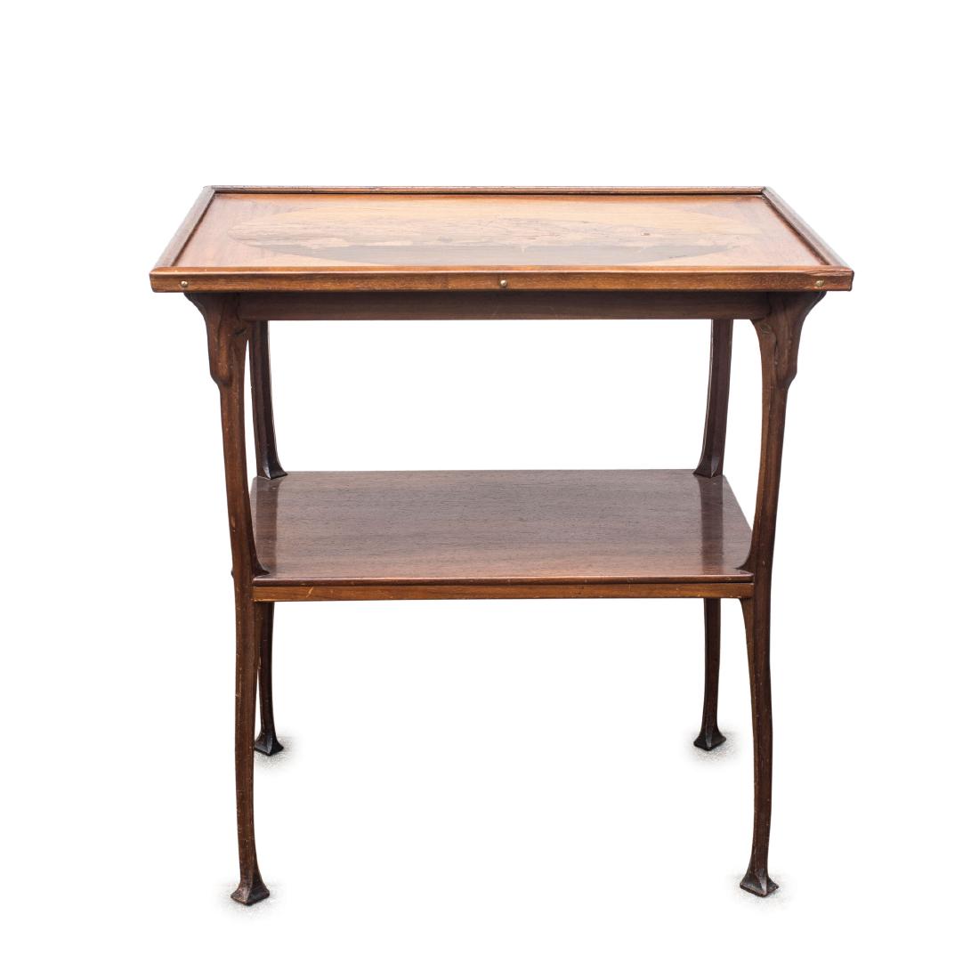 'Paysage Vosgien' side table, 1900-10: Charles Spindler, St. Leonhard, H. 74 cm, 71.5 x 52 cm. Mahogany, part carved. Inlay. Marquetery of different kinds of exotic wood. Presumably the ruined castles of Ottrott. Signed: C. Spindler (brand