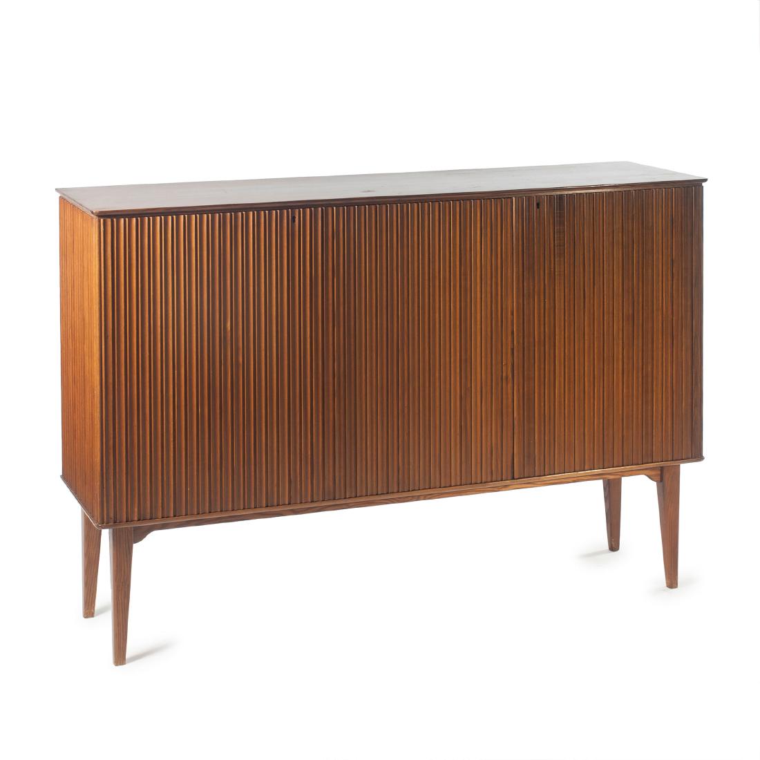 Highboard, 1940s: Carl Axel Acking, H. 109.5 x 163 x 44.5 cm. Made by Nordiska Kompaniet (NK), Stockholm. Wooden construction, ashwood, mahogany, mahogany veneer, birch veneer inside.