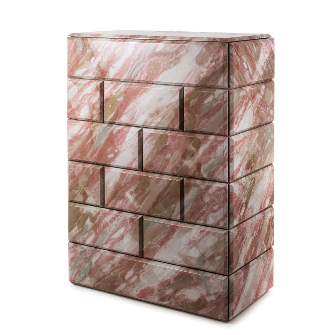 'Mauerkommode - Lehrstück I: Möbel als: Trix Haussmann-Högl, Robert Haussmann, H. 128 x 94 x 47 cm. Wooden construction with 12 drawers. Olive ash burl with trompe l'oeil décor: Marble, pink, green and grey.