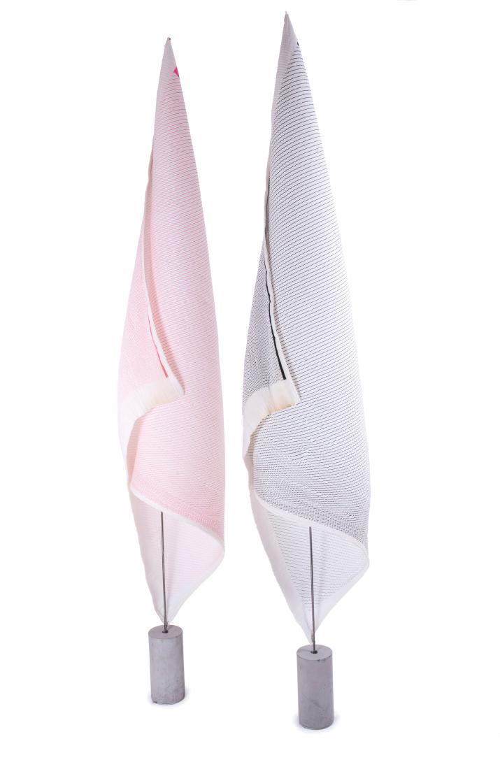 Two 'Wo-Tum-Bu I' floor lamps, 1998: Dagmar Mombach, Ingo Maurer & Team, H. 191.5 cm. Made by Design M Ingo Maurer, Munich. Cast concrete, tubular metal, paper, painted. Marked: Maker's mark.