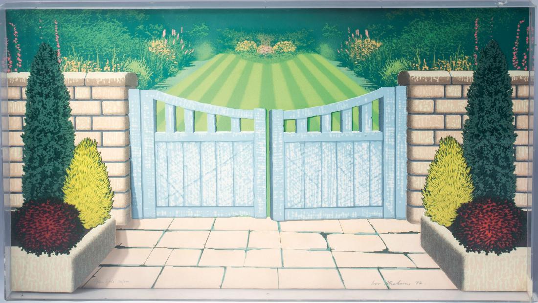 'Open Gate', 1972: Ivor Abrahams (Wigan, Lancashire 1935 - 2015), Colored serigraph and relief print with 'cut outs' in acrylic glass box. 82.0 x 148.0 cm. Signed lower right: Ivor Abrahams and dated: (19)72, titled and