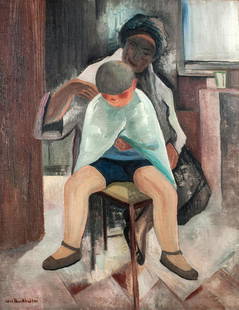 'Chez le Coiffeur', 1960s: Jean Burkhalter (Auxerre 1895 - 1982 Avallon) , Oil on canvas. 64.0 x 50.0 cm. Signed lower left: Jean Burkhalter (oil). Framed.