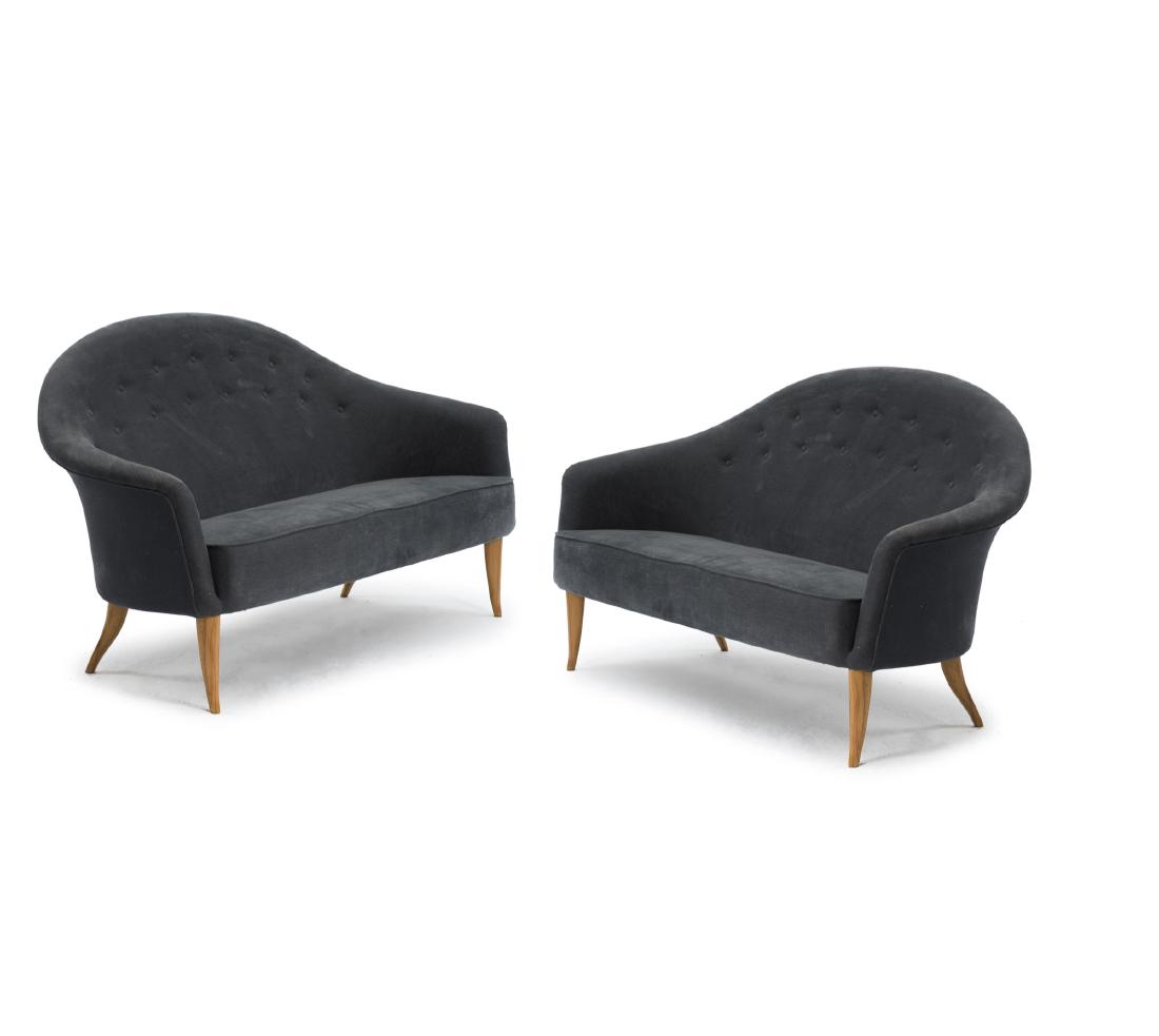 Two settees from the 'Paradiset' series, c1958: Kerstin Hšrlin-Holmquist, H. 82 x 146 x 81 cm. Made by NK Triva, Nordiska Kompaniet, Nykšping. Beech, grey/blue fabrik. Marked: Maker's badge: TRIVA Design Kerstin Hšrlin-Holmquist NKs verkstŠder