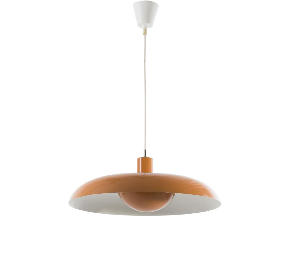 Ceiling light, c1960: Piet Hein, H. 20 cm, D. 50 cm. Made by Lyfa, Copenhagen. Sheet metal, painted orange and white. Marked: LYFA.