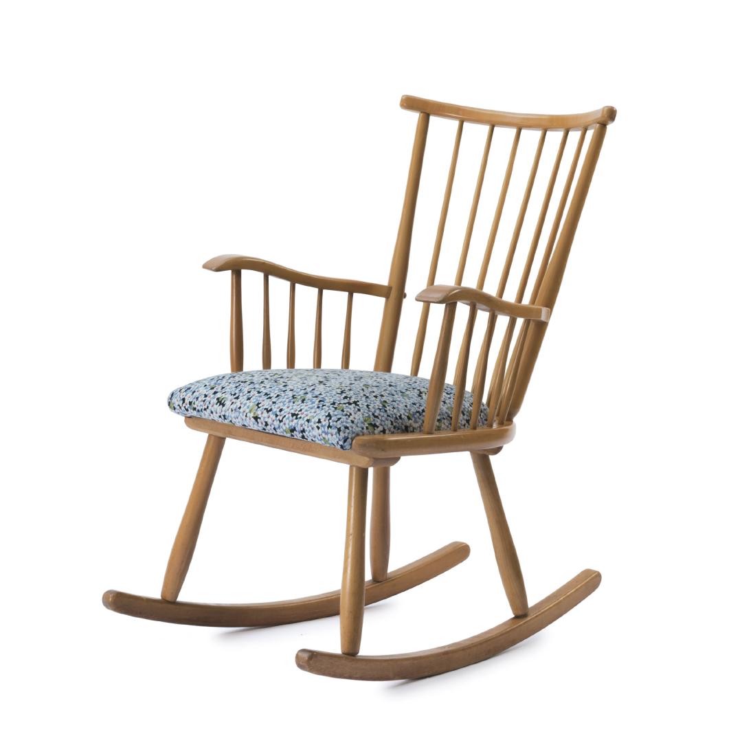 'WKS' rocking chair, 1955: Arno Lambrecht, H. 95 x 60 x 79 cm. Made by WK-Mšbel, Stuttgart. Beech, floral fabric.