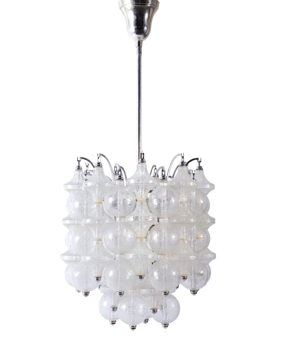 Ceiling light, c1960: Kalmar Franken KG, H. 150 cm, D. 40 cm. Sheet metal, metal wire, chrome-plated, clear bubbly glass.