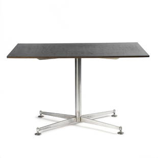 Table, c1958: Jules Wabbes, H. 74 x 120 x 75.5 cm. Made by Mobilier Universel, Brussels (attributed). Steel, chrome-plated tubular steel, ply, black Formica.