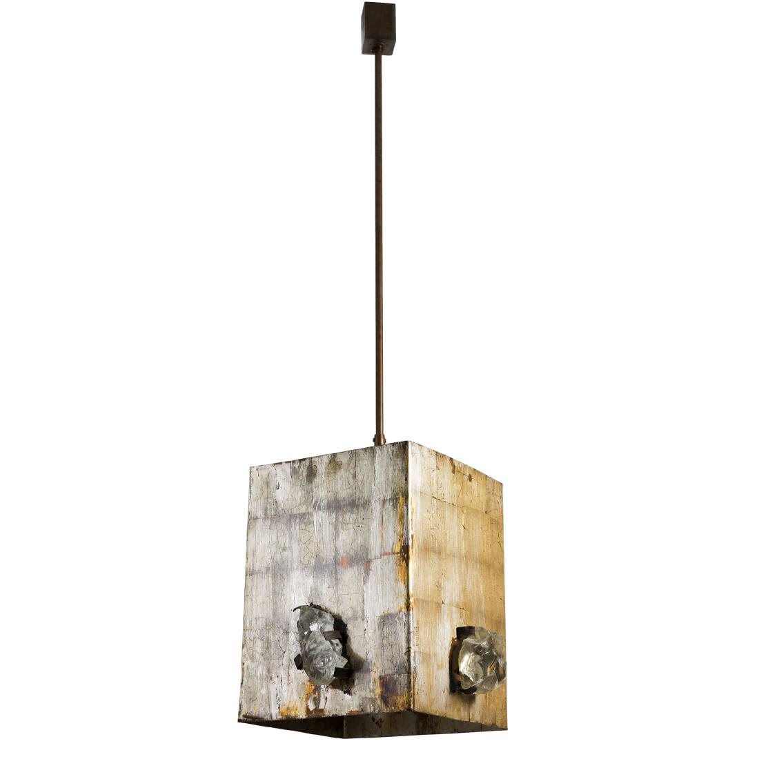 Ceiling light, c1965: Angelo Brotto, H. 43 x 49 x 51 cm. Made by Esperia, Poggibonsi. Sheet metal, etched, tubular metal, glass parts.