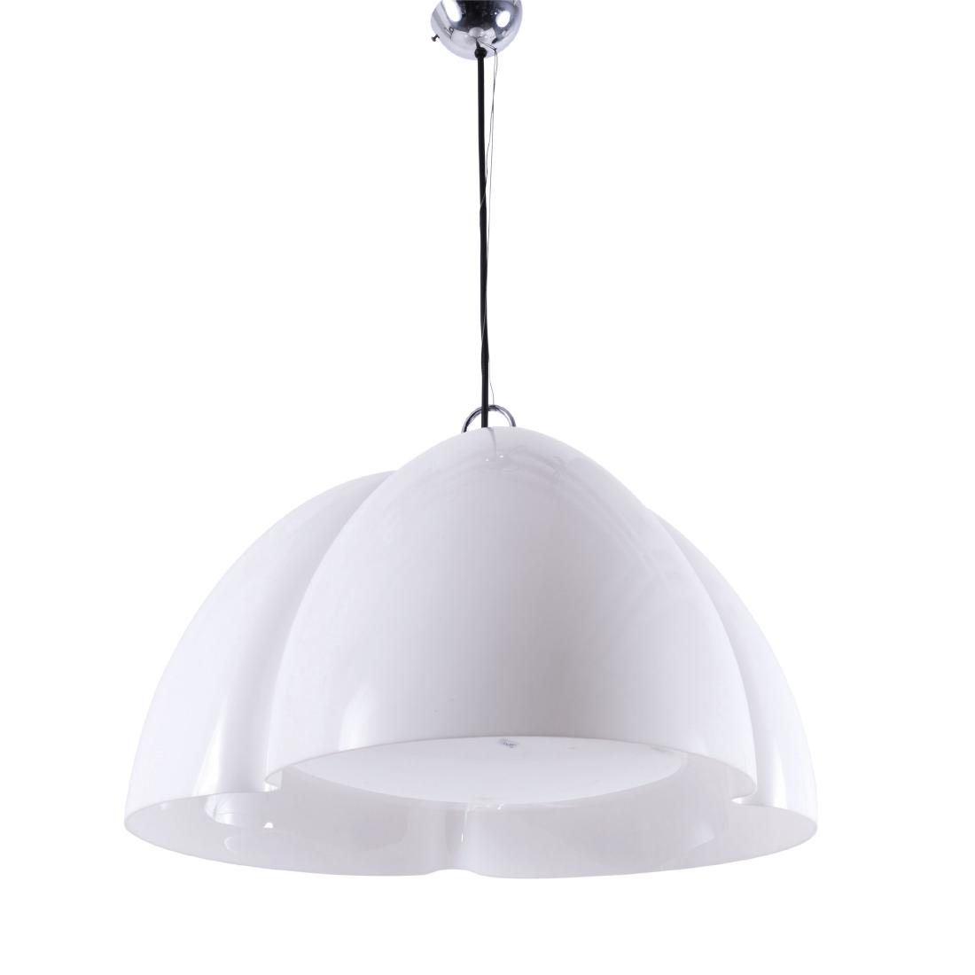 'Tricena' pendant light, 1968: Ingo Maurer, H. 38 cm, D. 56,5 cm (body). Made by Design M Ingo Maurer, Munich. White plastic, chrome-plated metal.