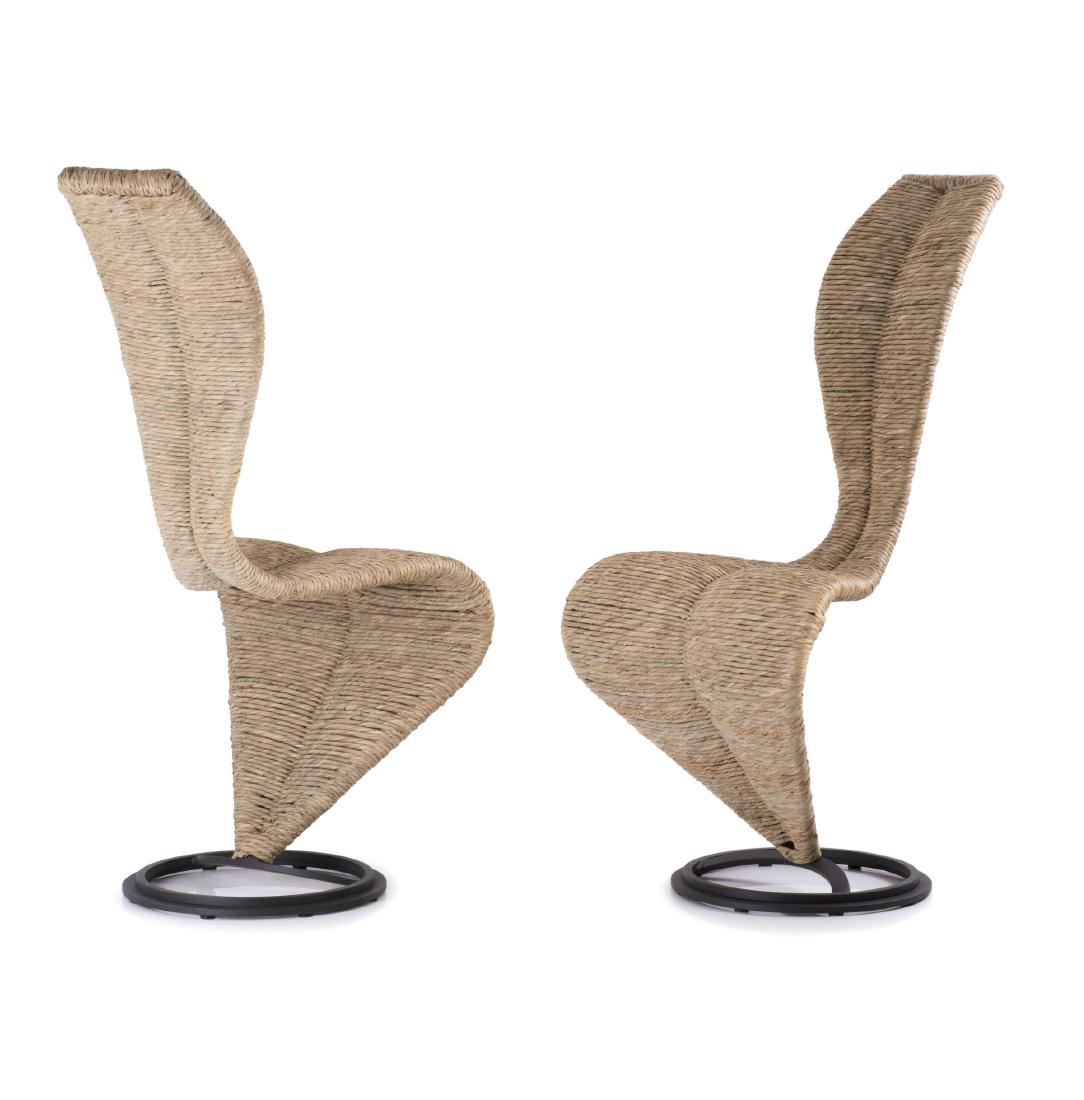 Two 'S' chairs, 1988: Tom Dixon, H. 102.5 x 49 x 57 cm. Made by Cappellini, Arosio. Cast metal, rush.