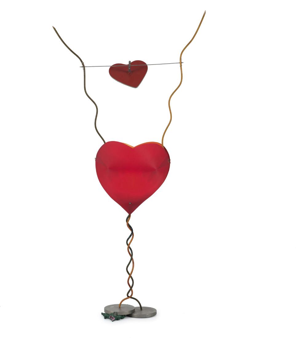 'One from the Heart' table light, 1989: Ingo Maurer, H. 95 cm, L. 40 cm (approx.). Made by Design M Ingo Maurer, Munich. Metal, red plastic, plate glass.