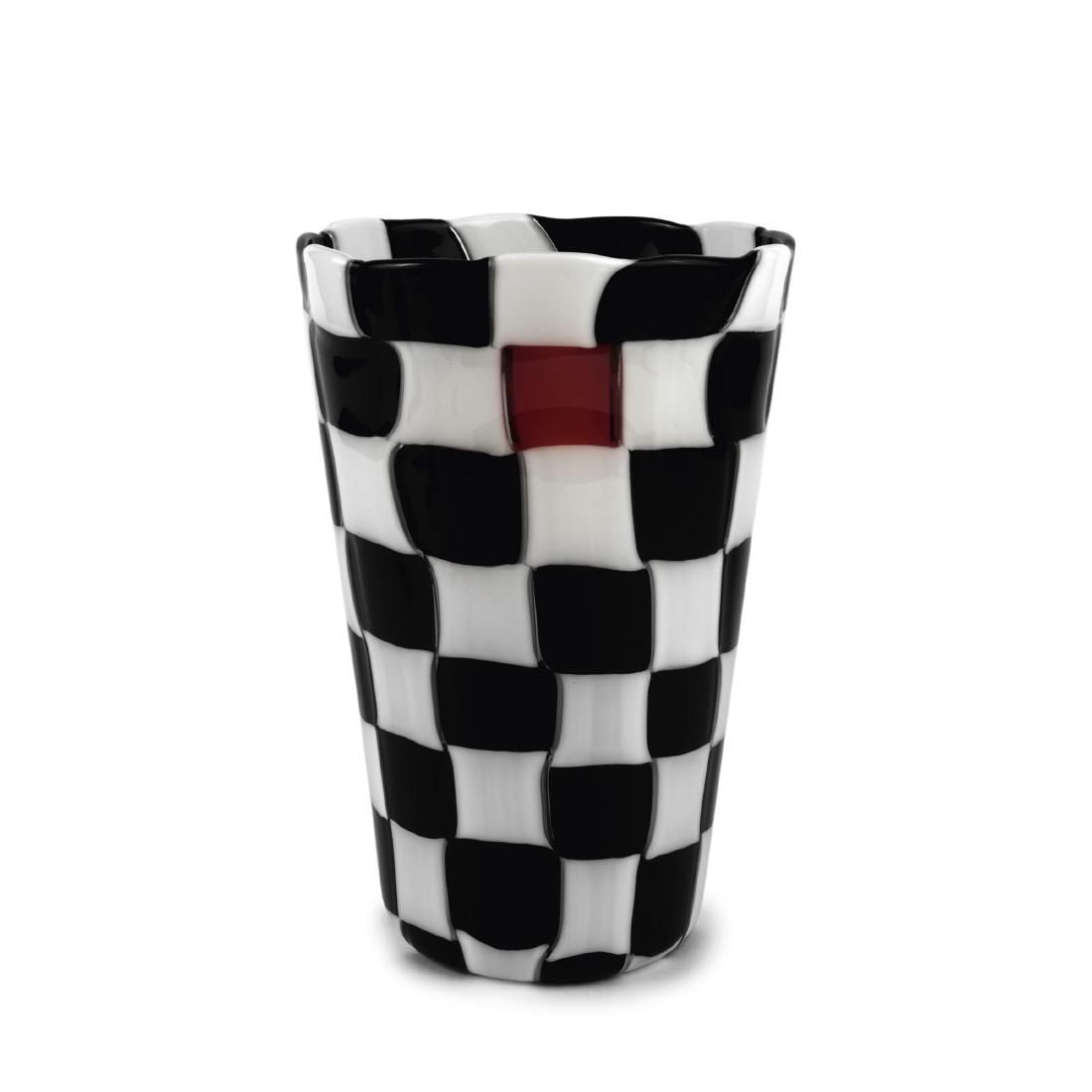 Vase, c1995: Gianni Versace, H. 26.3 cm. Made by Venini & C. Fused murrhines, deep purple and white, white/red and white/yellow. Marked: Venini 2000 Gianni Versace (engraved).