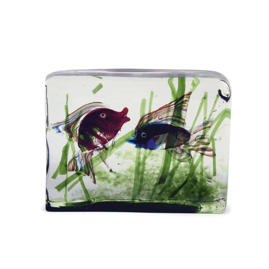 Aquarium, c1960: Gino Cenedese, H. 19 cm; 24.5 x 6.3 cm. Clear glass, polychromatic fusions. Underwater scene with two fish.