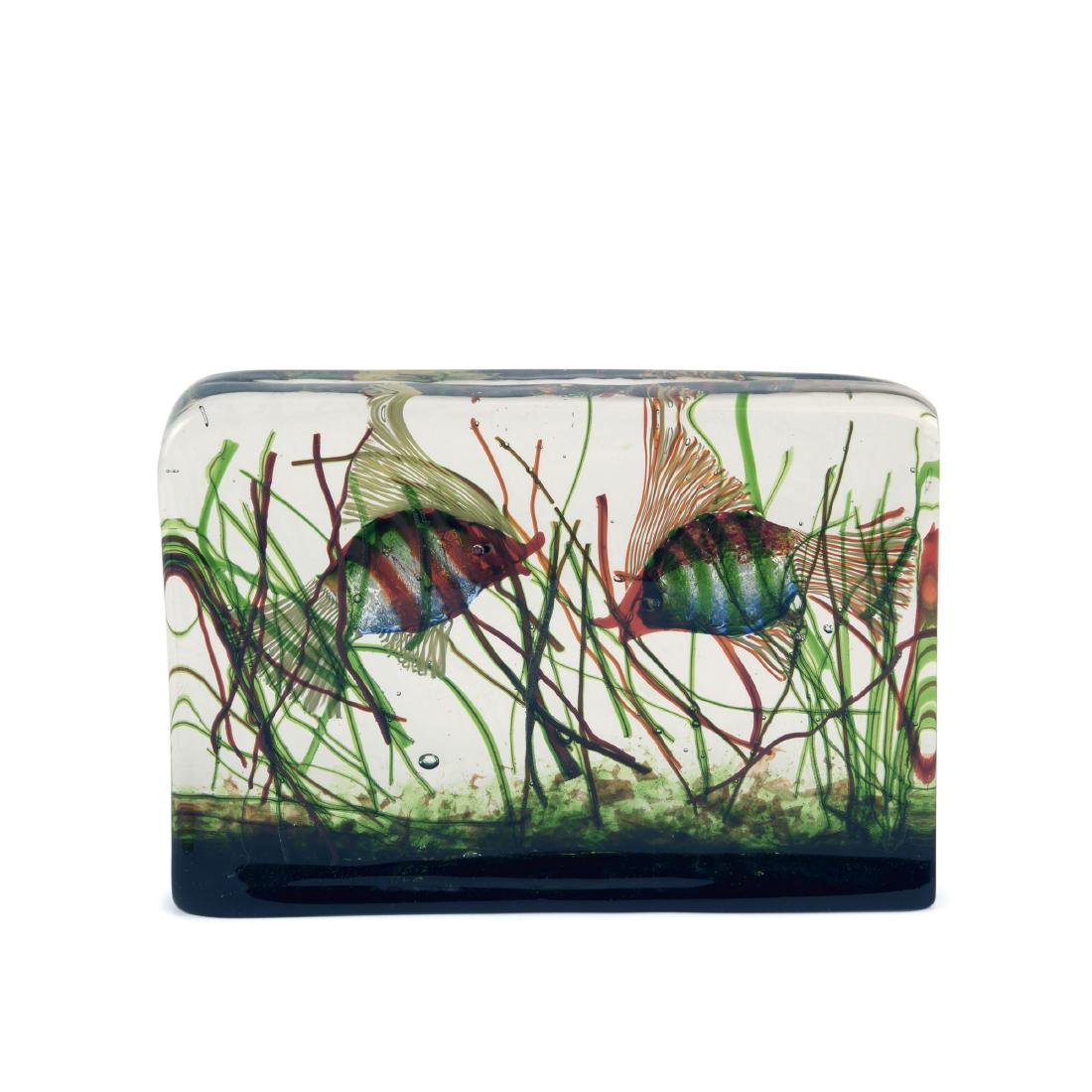 Aquarium, c1960: Gino Cenedese, H. 17.5 cm; 25 x 6 cm. Clear glass, polychromatic fusions. Underwater scene with two fish.