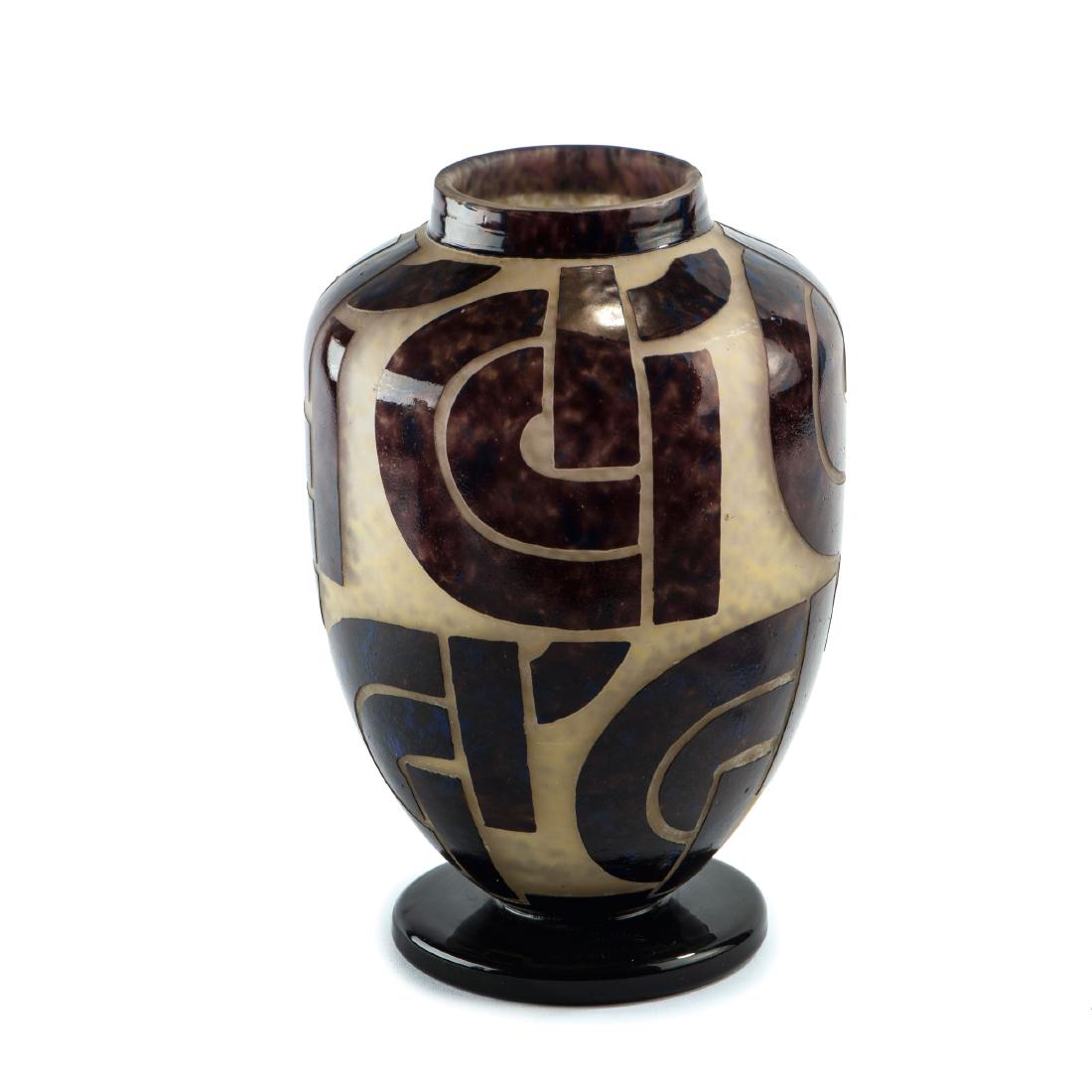 Vase, 1928-30: Schneider, Epinay-sur-Seine, H. 26.4 cm. Cased glass, clear, yellow powder inclusions, purple and blue enamel fusions. Multiply etched pattern. Signed: Charder le Verre Franais (needle etching).