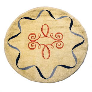 Carpet, 1930s: Paule Leleu (attributed), D. 150 cm. Made by Atelier Leleu (attributed). Pure new wool on cotton, crme-white, dark and light blue, yellow, red and pink.