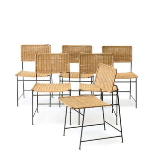Six 'SW 88' side chairs, 1954: Herta Maria Witzemann, H. 77.5 x 47.5 x 49 cm. Made by Wilde & Spieth, Esslingen. Tubular steel, painted black, meshwork.