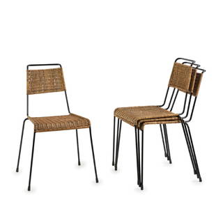 Four stacking chairs, c. 1955: Paul Schneider von Esleben , H. 76 x 49 x 53 cm. Made by Wilde & Spieth, Esslingen. Tubular steel, painted black, rattanwork.