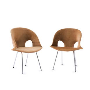 Two '350' armchairs, 1957: Arno Votteler, H. 82 x 66 x 57.5 cm. Made by Walter Knoll, Herrenberg. Chrome-plated tubular steel, beige/brown fabric.