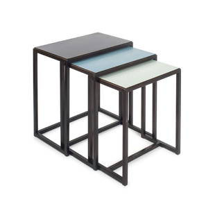 Three nesting tables, 1960s: Egon Eiermann, H. 50-55.5 x 44-53.5 x 28.5-33 cm. Made by Wilde & Spieth, Esslingen (attributed). Elmwood, stained black, green, blue and black formica.