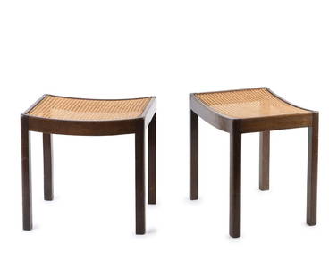 Two '294' stools, 1926: Max Ernst Haefeli, H. 47.5 x 37.5 x 49 cm. Made by Horgen Glarus, Glarus. Beech, stained dark, meshwork.