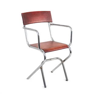 Tubular steel chair, 1939: Paul Schuitema (in the style of), H. 86 x 52.5 x 53.5 cm. Made by Annoye Dubois (attributed). Chrome-plated tubular steel, soldered, screwed, wood, ply, red leatherette. Inscribed: J.J. Oud 1939 Metz