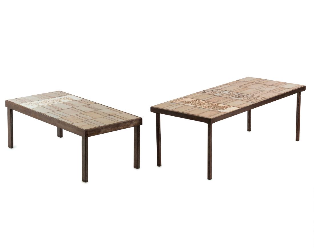 Two side tables, 1950s: Roger Capron, H. 33 x 92.5 x 43.5 cm; H. 39 x 109 x 47 cm. Made by Studio Roger Capron, Vallauris. Rectangular steel, ply, earthenware tiles. Marked: Maker's stamp.