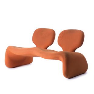'Djinn' loveseat, 1965: Olivier Mourgue, H. 66 x 126 x 78 cm. Made by Airborne International, Montreuil-sous-Bois. Tubular steel frame, polyurethane upholstery, orange fabric.
