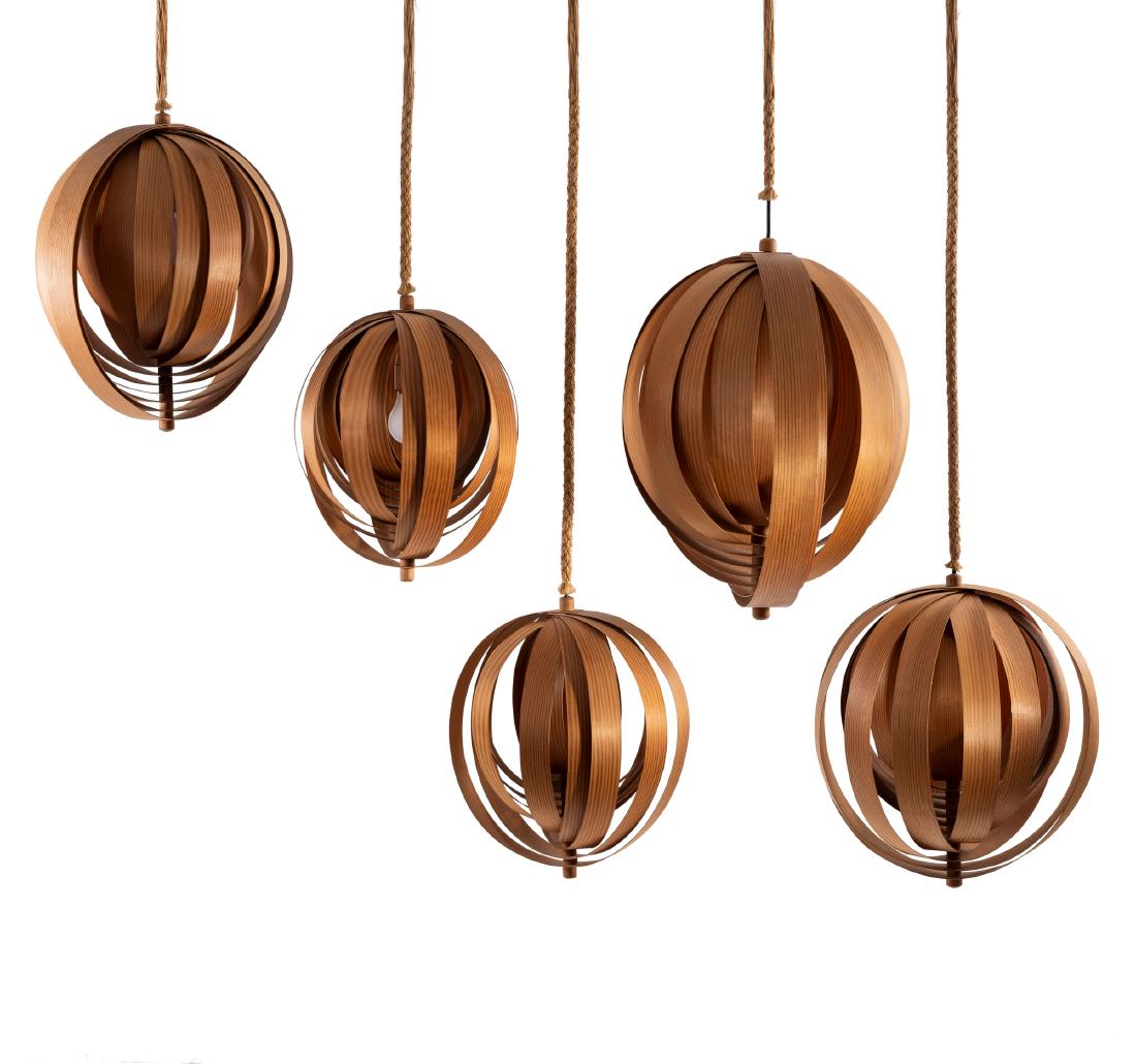 Ceiling light, five pieces, 1960s: Hans Agne Jakobsson, D. 34-48 cm. Made by Hans Agne Jakobsson AB, Markaryd. Veneer lamellae, hemp.