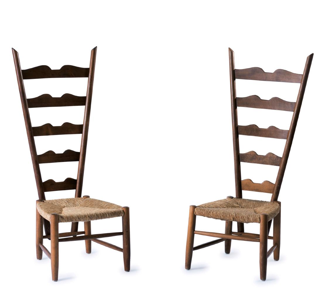 Two highback chairs, c. 1939: Gio Ponti, H. 103.5 x 43.5 x 44 cm. Made by Haus & Garten, Vienna. Nutwood, reedwork.