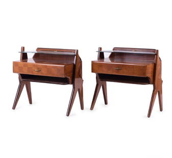 Two night stands, 1940s: Vittorio Dassi (attributed), H. 56 x 60 x 34 cm. Made by Dassi, Lissone. Mahagony, mahagony veneer, stained dark, clear glass, painted bluegrey from the underside, brass fittings.