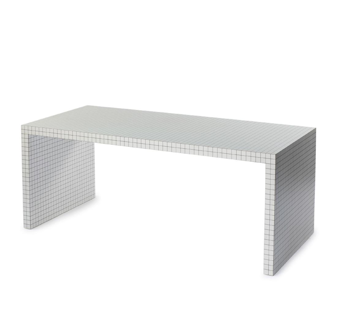 'Quaderna' table, 1971: Superstudio; Piero Frassinelli; Alessandro Magris; Roberto Magris; Adolfo Natalini; Cristiano Toraldo di Francia, H. 72 x 179,5 x 81 cm. Made by Zanotta, Nova Milanese. Wood, white plastic laminate wi