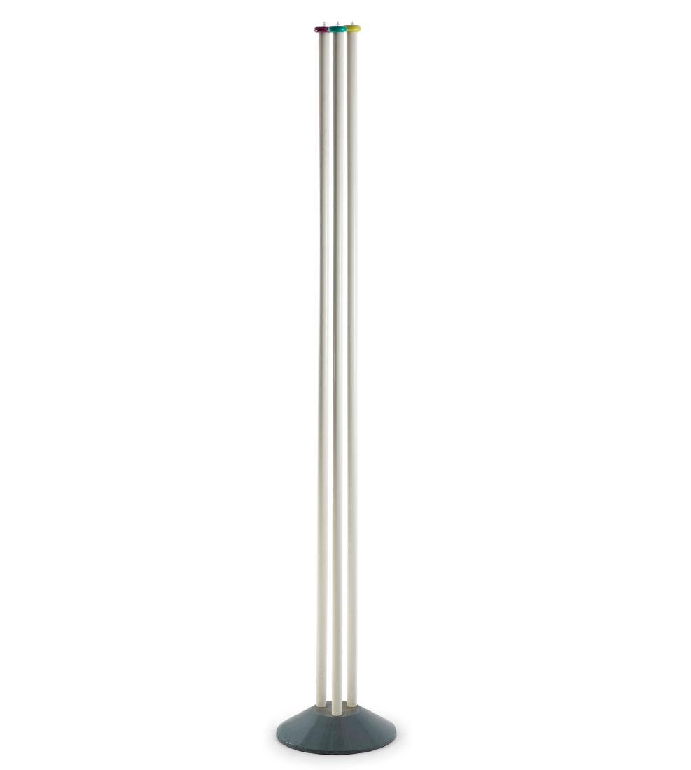 'Trilumen' floor light, c1987: Hans von Klier, H. 171 cm, D. 29 cm. Made by Bilumen, Milan. Tubular metal, sheet metal, painted white, purple, green and yellow, cast metal.